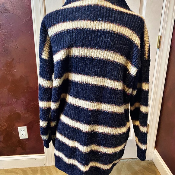 Loi Navy & White Stripped Turtleneck Sweater with Thread of Glitter - Picture 2 of 4